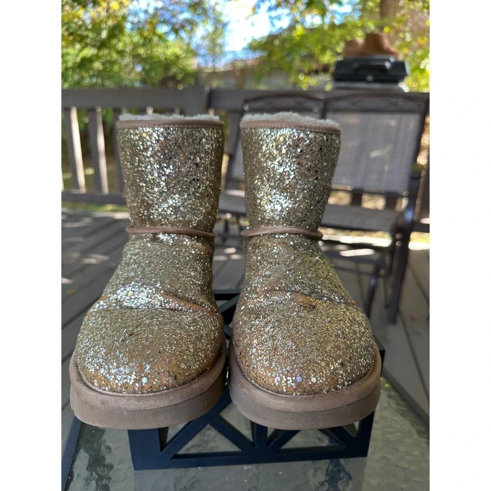 UGG Australia Glitter Mini Bailey Bow II Boots Gold Shimmer‎ Sparkle Size 7